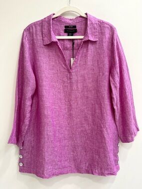Tahari Linen Pink Purple 3/4 Sleeve V-Neck Pullover Tunic Top Button Details XL